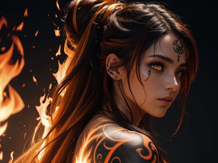 (best quality) (close up) girl with fire for hair that flows over and down her back looking over her shoulder, yellow and dark orange eyes of fire intensely staring, fire tattoos on her face, fire tattoos, tattoos, HDR, 4K, Ultra high detail.