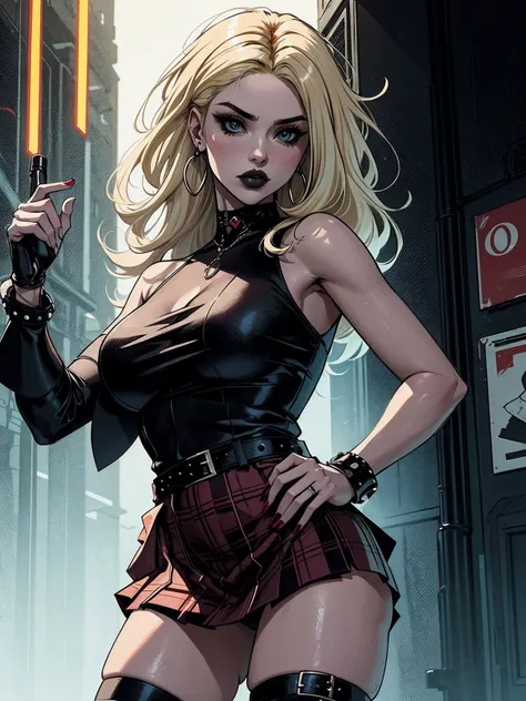 a woman with medium blonde hair, wearing a black blouse and plaid skirt, cyberpunk art, gothic art, cute aesthetic with vibe, toon aesthetic, wearing red costume, wearing gothic accessories