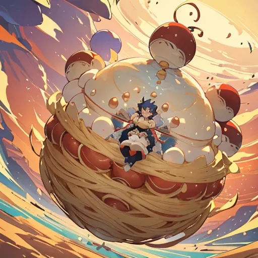 A pastry chef covered in ball parfait ramen serving a giant ball、Amazing dynamism、Amazing Angle、Unstable buoyancy sandstorm、(((Many friendly giant balls float closely together and chase each other.)))。(surround each other&#39;giant ball of)、