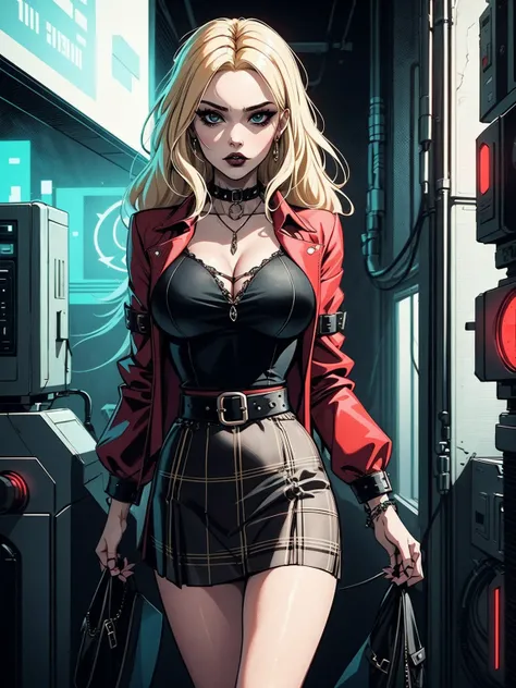 a woman with medium blonde hair, wearing a black blouse and plaid skirt, cyberpunk art, gothic art, cute aesthetic with vibe, toon aesthetic, wearing red costume, wearing gothic accessories