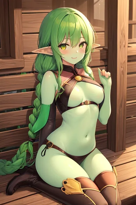 masterpiece, best quality, ultra-detailed, 1 girl, goblin girl, female goblin, goblin, 1girl, green skin, long pointy ears, makima, Green hair, long braided hair, golden eyes, bangs, medium breasts, smile,  (leatherwork)