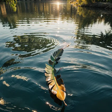 Create a feather in beautiful colors that floats on the water with the sun shining in the background