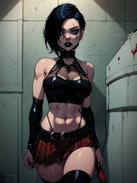 a woman with short black hair wearing a black cropped  and plaid skirt, blue eyes, zombie art, gothic art, cute aesthetic with vibe, toon aesthetic, wearing red costume, wearing gothic accessories, look like Cassie Hack