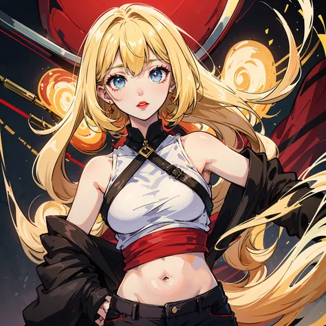 Best image, masterpiece, ultra quality, super detailed eyes and face, 1 anime girl, yellow blonde hair, black sleeveless top, open belly, long pants, red lips, 4K quality resolution