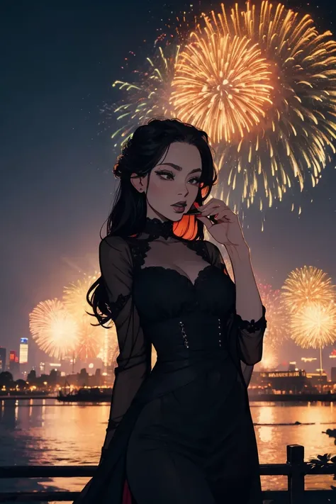 Goth woman, long elegant dress, Happy new year, woman in dress, fireworks, classy, wine,  black lipstick,