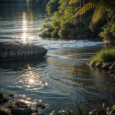 uma exuberante floresta. Ahead of you, the river&#39;s sparkling, crystal-clear waters flow with a gentle, steady current.

Sunlight falls on the water, fazendo com que ela brilhe intensamente. Sun rays dance on the water surface, criando um efeito de bril...