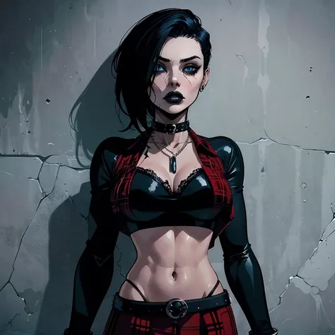 a woman with short black hair wearing a black cropped  and plaid skirt, blue eyes, zombie art, gothic art, cute aesthetic with vibe, toon aesthetic, wearing red costume, wearing gothic accessories, look like Cassie Hack