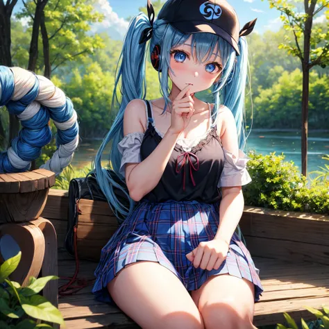 Blue hair、blue eyess、Braids、poneyTail、one good looking girl、独奏、animesque、Plaid miniskirt、Black T-shirt、camisole、the woods、sitting on、Wearing a plaid baseball cap、bare-legged、Tilting your face、log bridge、Doing the ribbon、have a twig、falls、Blue Topaz、Sunset ...