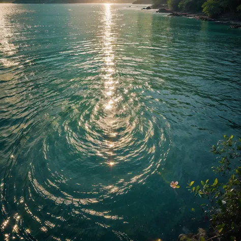 vendo de cima uma exuberante floresta. Ahead of you, the river&#39;s sparkling, crystal-clear waters flow with a gentle, steady current.

Sunlight falls on the water, fazendo com que ela brilhe intensamente. Sun rays dance on the water surface, criando um ...