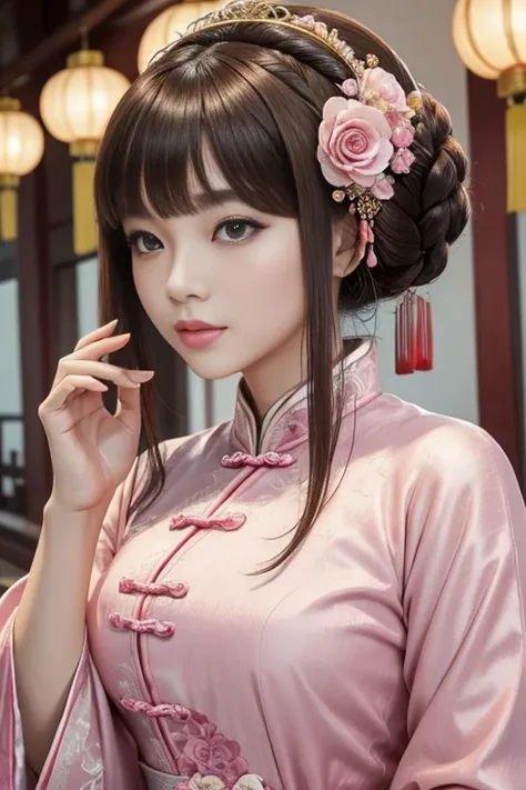 Masterpiece, Best Quality, Waterfront, Banquet, 1 Woman, Mature Woman, Elegant, Chinese Style, Ancient China, Sister, Royal Sister, Happy, Meatball Head, Light Brown Hair, Pink Eyes, Gorgeous Headwear, Light Pink Lips, Pink Clothes, Yarn like Clothing, Int...