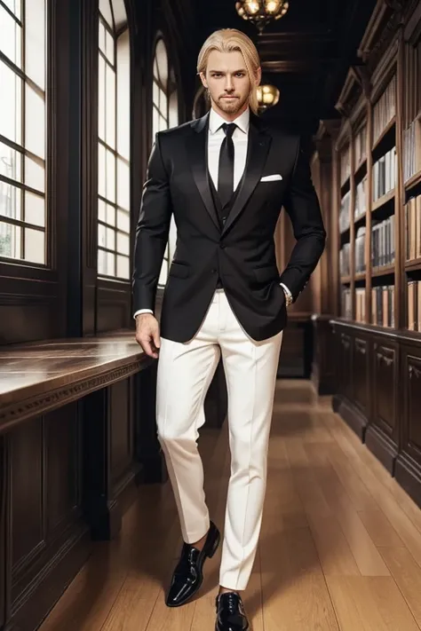 Gorgeous man, strong physique, black colored social blouse, long white pants, black colored social shoes, blonde hair split in the middle, straight hair, brown colored eyes, slender appearance, elegant, library scenery, brown tie, indifferent look, ancient...