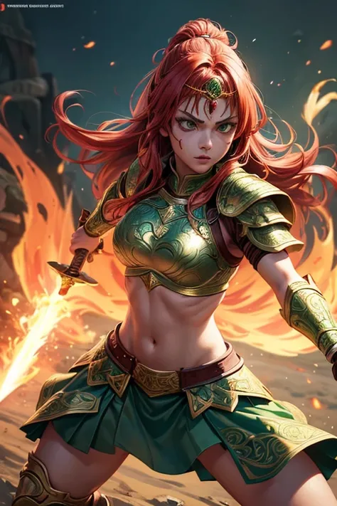 young  girl, magic warrior, fierce look, combat stance, wielding a fire sword, facepaint, bodypaint, medium breasts, highly detailed,red hair, vibrant appearance, creative behavior, extremly detailed, imaginative, , spontaneous, highest quality, skin textu...