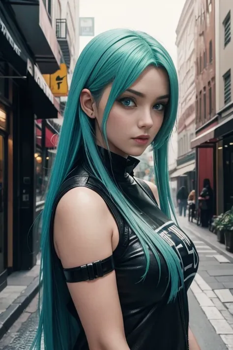 Woman, realistic character, green hair with pink locks, blue eyes, anime, Alone, modern, cyberpunk