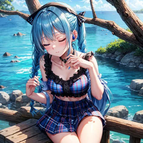 Blue hair、blue eyess、Braids、poneyTail、one good looking girl、独奏、animesque、Plaid miniskirt、Black T-shirt、camisole、the woods、sitting on、Wearing a plaid baseball cap、bare-legged、Tilting your face、log bridge、Doing the ribbon、have a twig、falls、Blue Topaz、Sunset ...