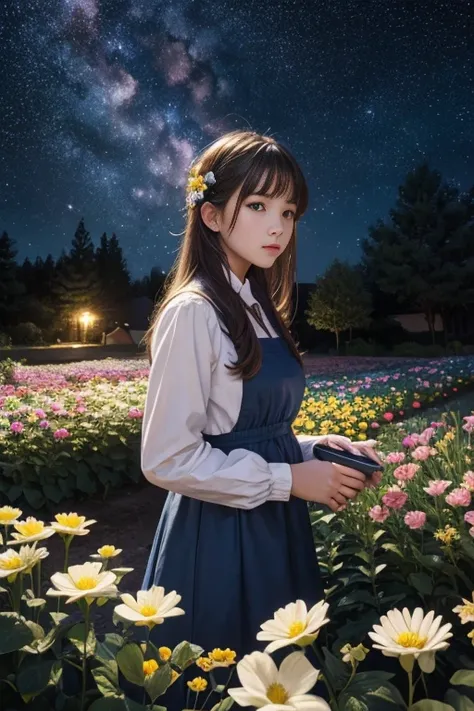 top quality, high_resolution, distinct_image, detailed background, girl, flower, garden, starry sky,