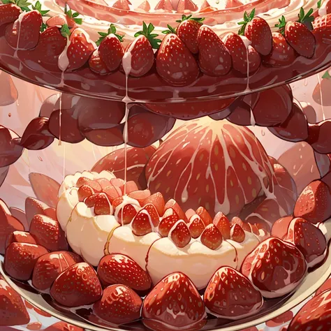 A pastry chef covered in strawberry parfait serving a giant strawberry、Amazing dynamism、Amazing Angle、Whirlpool sandstorm of unstable buoyancy、(((Many friendly giant strawberries float closely together and chase each other.)))。surround each other&#39;giant...