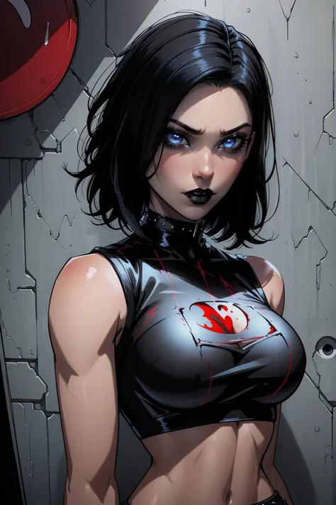 a woman with short black hair, hair on shoulders, wearing a black cropped and plaid skirt, blue eyes, zombie art, gothic art, cute aesthetic with vibe, toon aesthetic, wearing red costume, wearing gothic accessories, look like Cassie Hack, portrait