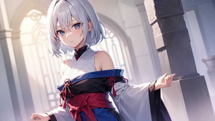 (masutepiece: 1.2, Best Quality), 1 Lady, Solo, silber hair,Shoulder out,Very short hair, long bangs between eyes, blue eyess,Black eyes,,White hair, Silver hair, shrine maiden clothe、shrines、