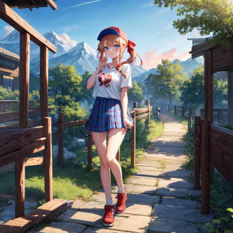 Red-blonde、Blue hair、blue eyess、Braids、poneyTail、one good looking girl、独奏、animesque、Plaid miniskirt、Black T-shirt、camisole、the woods、Walking、Wearing a plaid baseball cap、bare-legged、Tilting your face、log bridge、Doing the ribbon、have a twig、falls、Blue Topaz...