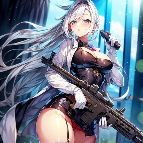 white hair girl with gun