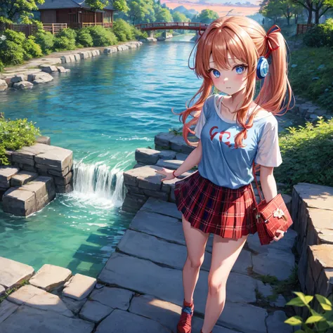 Red-blonde、Blue hair、blue eyess、Braids、poneyTail、one good looking girl、独奏、animesque、Plaid miniskirt、Black T-shirt、camisole、the woods、Walking、Wearing a plaid baseball cap、bare-legged、Tilting your face、log bridge、Doing the ribbon、have a twig、falls、Blue Topaz...