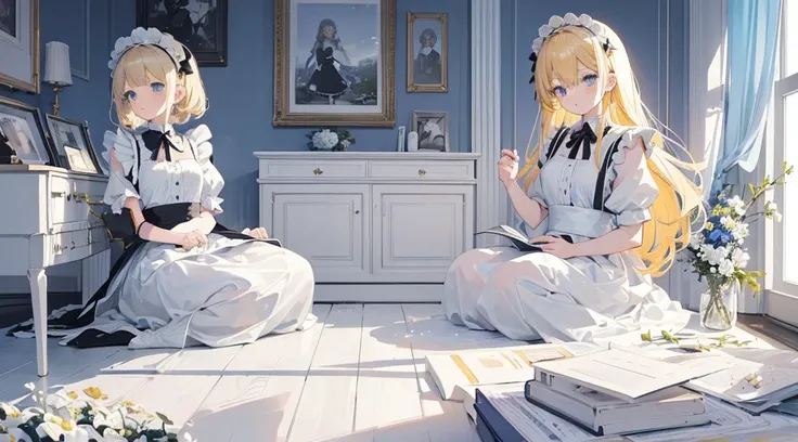 (2 girls, maid, blonde hair, blue eyes, cute, kawaii), (room with white flowers), (low contrast, flat color, limited palette)