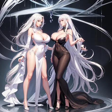 level animation works，An impeccable masterpiece，A mature lady wearing cool sexy clothing stands against a pure white background，Silver-haired woman，standing full-body，slender leg，humongous large breast，Straight chest，Detailed facial details，natural beautif...