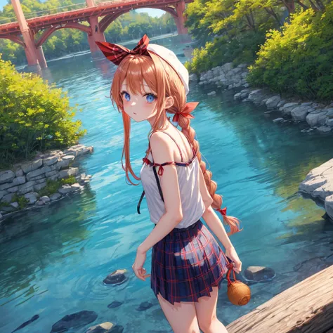 Red-blonde、Blue hair、blue eyess、Braids、poneyTail、one good looking girl、独奏、animesque、Plaid miniskirt、Black T-shirt、camisole、the woods、Walking、Wearing a plaid baseball cap、bare-legged、Tilting your face、log bridge、Doing the ribbon、have a twig、falls、Blue Topaz...