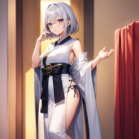 (masutepiece: 1.2, Best Quality), 1 Lady, Solo, silber hair,Shoulder out,Very short hair, long bangs between eyes, blue eyess,Black eyes,,White hair, Silver hair, shrine maiden clothe、shrines、