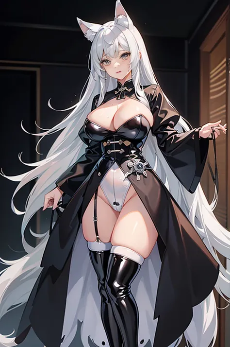 (Best quality at best, ultra - detailed, tmasterpiece:1.2), maam, Wolf ears, Wolf tail, leading, old maam, White hair,  shiny latex clothes, Clothing that exposes, Thigh thick, Wide hips, Latex high socks, busty figure, Masochism, giggle, Crazy, , mother w...