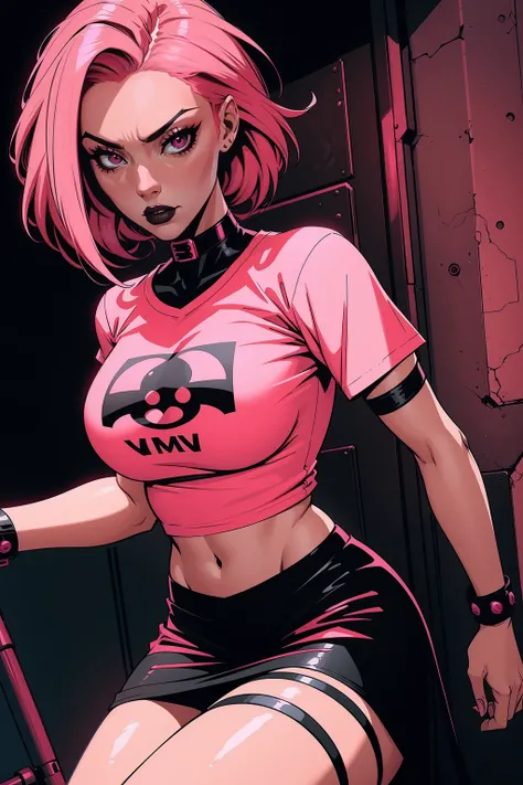 a woman with medium salmon-pink hair, wearing a white comic t-shirt and black skirt, cyberpunk art, gothic art, cute aesthetic with vibe, toon aesthetic, wearing red costume, wearing gothic accessories