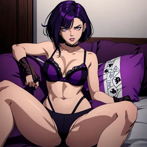 Ravena Menina, violet asymmetrical side bob hair, olhos roxo,one hundred panties and one hundred bra, fazendo stripper