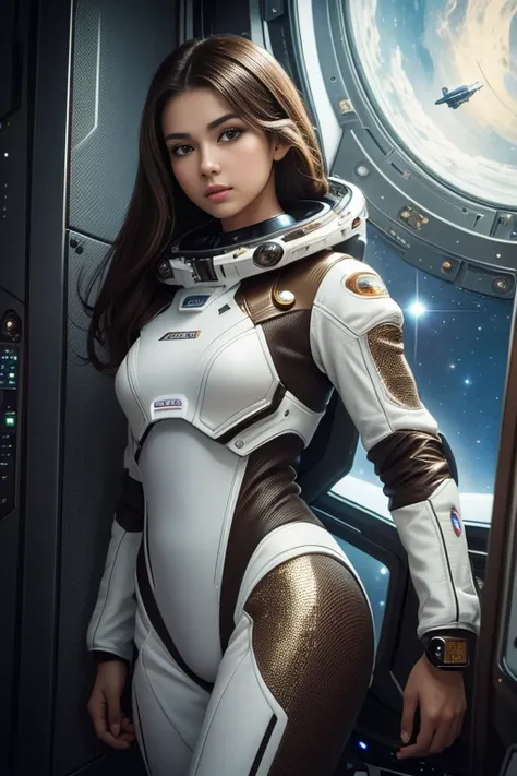 ((Best Quality)), (Masterpiece)), (Details: 1.4), 3D, Absurd Resolution, High Resolution, (Masterpiece: 1.4), Ultra Detailed, Beautiful Girl 1 Person, Futuristic Woman Image, Sparkling Brown Hair, Beautiful Brown Eyes, Beautiful Face, 20 Years Old, Spacesh...