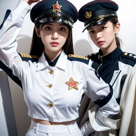 A female soldier wearing a white tight-fitting uniform and white tight-fitting military pants raised her hands in surrender。She wears a pair of big-framed glasses，There is a striking red star on the hat，Gold shoulder and collar badges。Navy anchor logo on t...