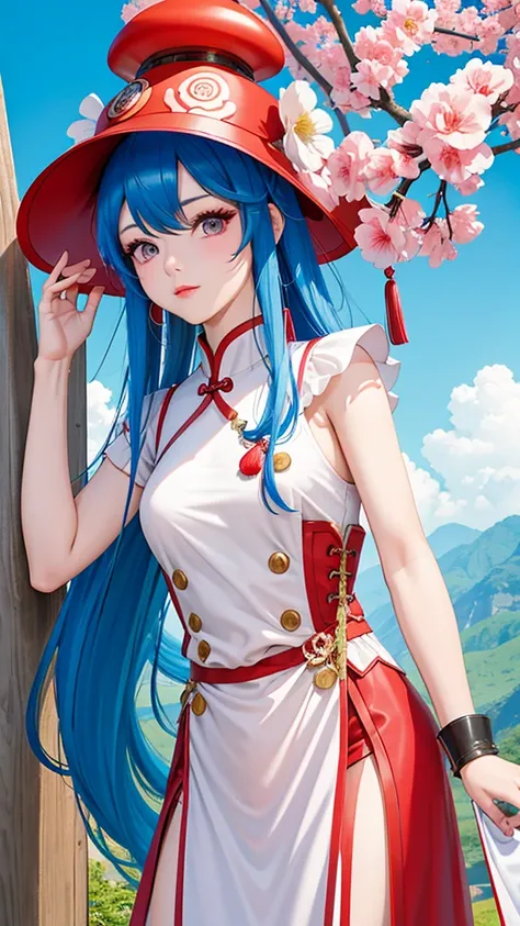 1 girl, blue hair, pink eyes, red chinese qi pao, wears a mushroom hat, posing, high res, wall paper, ultra sharp, 8k, masterpiece, zoomed in, looking at viewer