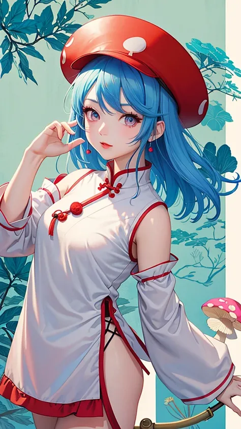 1 girl, blue hair, pink eyes, red chinese qi pao, wears a mushroom hat, posing, high res, wall paper, ultra sharp, 8k, masterpiece, zoomed in, looking at viewer