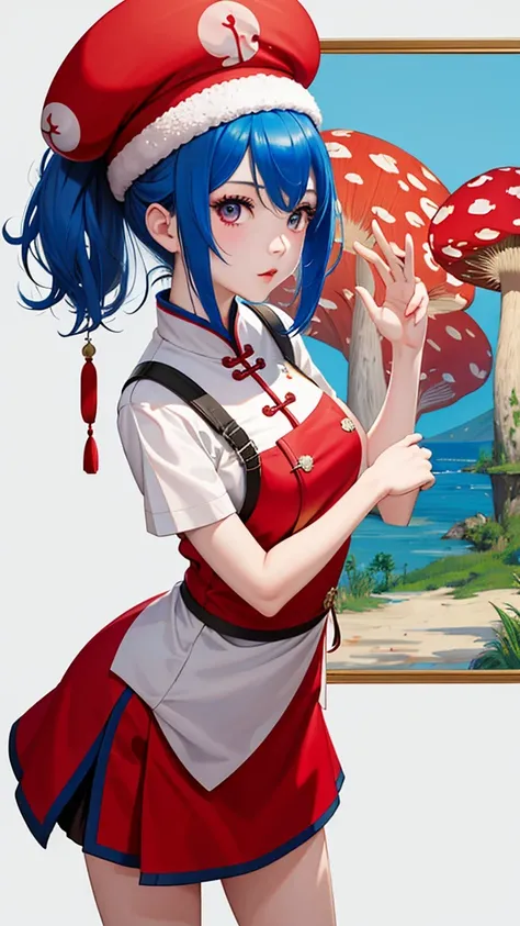 1 girl, blue hair, pink eyes, red chinese qi pao, wears a mushroom hat, posing, high res, wall paper, ultra sharp, 8k, masterpiece, zoomed in, looking at viewer