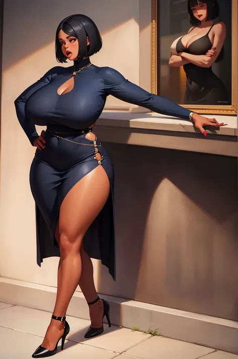 A super realistic oil painting of ebony woman, realistic, short hair, big mouth, huge firm breasts, protruding, sculptural body, short dress, thick legs, high heels