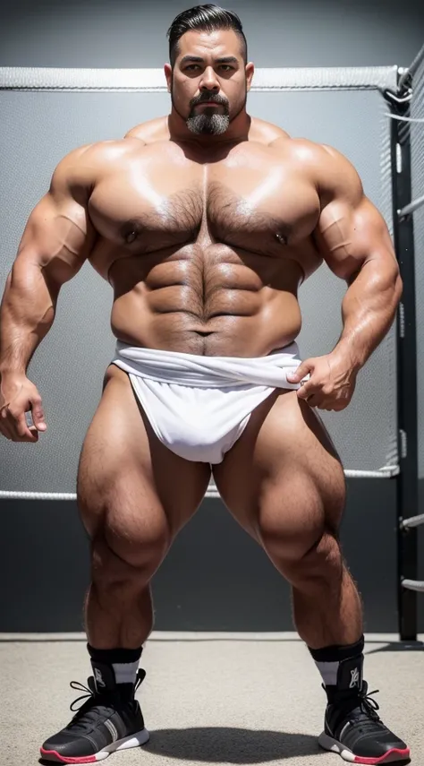 of a man，male people，Muscle wrestler，Muscular，Stout wrestler，jpn，Uncles，45岁Middle age男子，Short hair details，Wrestling boots，athletic sneakers，Show off your toned body，Panorama characters，white colors，，aged 40，short mustache,Middle age，tattoo iingerless glov...