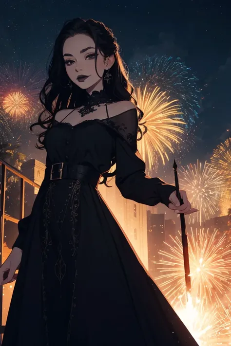 Goth woman, long elegant dress, Happy new year, woman in dress, fireworks, classy, wine,  black lipstick, smile, looking at viewer, long wavy hair, pale white skin