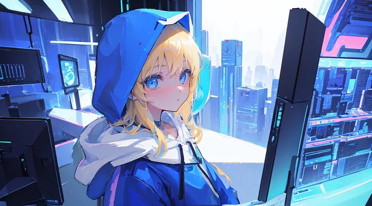 (1 girl, blonde hair, blue eyes, white hoodie, kawaii), (blue cyberpunk, shop with many monitors, blue neon), (low contrast, flat color, limited palette)