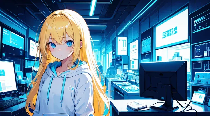 (1 girl, blonde hair, blue eyes, white hoodie, kawaii), (blue cyberpunk shop, shop with many monitors, blue neon), (low contrast, flat color, limited palette)