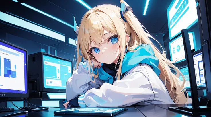 (1 girl, blonde hair, blue eyes, white hoodie, kawaii), (blue cyberpunk shop, shop with many monitors, blue neon), (low contrast, flat color, limited palette)