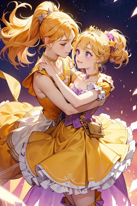 As Cure Soleil, her eyes brighten and hair turns bright blonde and lengthens to her thighs, entirely pulled back in a ponytail. She wears two purple headbands decorated with a yellow and orange star on the right and a gold beaded tiara with a star in the m...