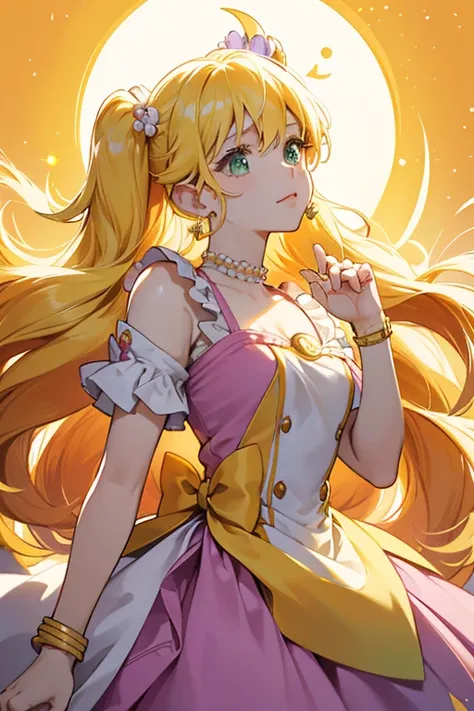 As Libra Cure Soleil, her dress is longer and wider and turns mainly bright yellow with the purple ruffle growing longer. Her blonde hair now has an orange ombre with part of it styled in hight twin-tails held by several bands of pearls with gold crescent ...