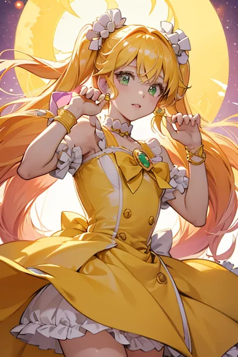 As Libra Cure Soleil, her dress is longer and wider and turns mainly bright yellow with the purple ruffle growing longer. Her blonde hair now has an orange ombre with part of it styled in hight twin-tails held by several bands of pearls with gold crescent ...