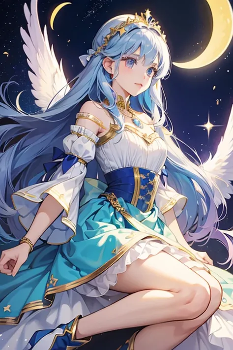 her hair grows longer and decorated with stars. Her headband is replaced by a tiara, and her bows are slightly bigger. The gold bands around her forelocks are now white. Her dress is slightly bigger with her sleeves replaced with a light blue wrap and wing...