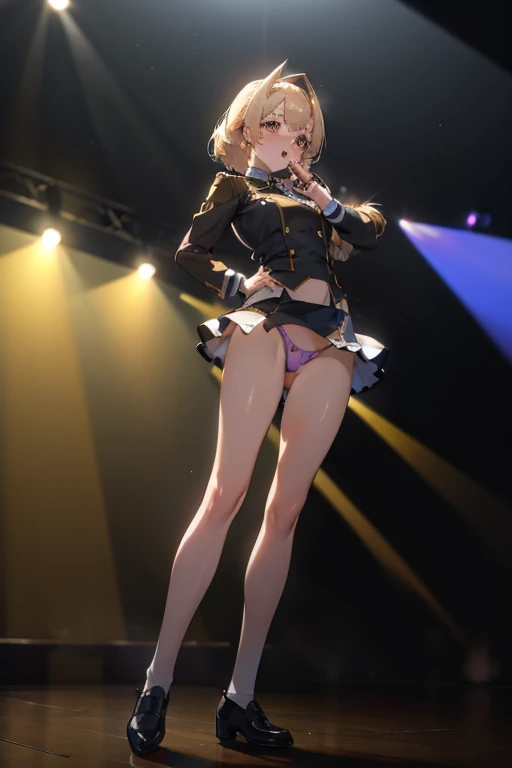 Beautiful full-length photo of an idol singer with 5 dancers, Masterpiece Quality, Shining Girls, Miniskirt Uniform, Bright stage lighting, Rock Stage, detail pink underwear, ultra wide-angle, from below, bimbo, underwear, dildo under panties, dildo under ...