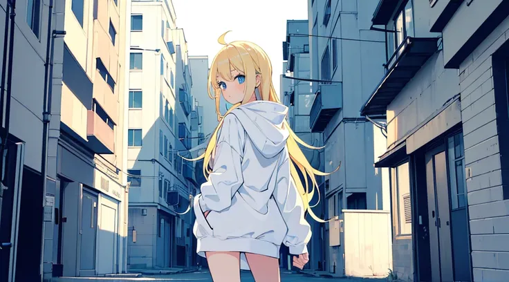 (1 girl, blonde hair, blue eyes, white hoodie, bare legs, kawaii), (city with white buildings, back alley), (low contrast, flat color, limited palette)