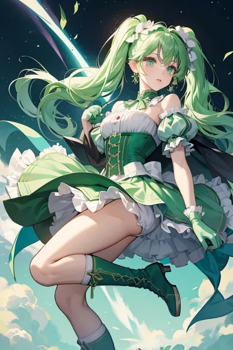 As Gemini Cure Cosmo, her pigtails are still shorter, while the rest of her hair is worn in another pair of twintails with a green ombre. One side of it is wavy while the other is a gigantic curl. Each side of her outfit is different. The right side of her...